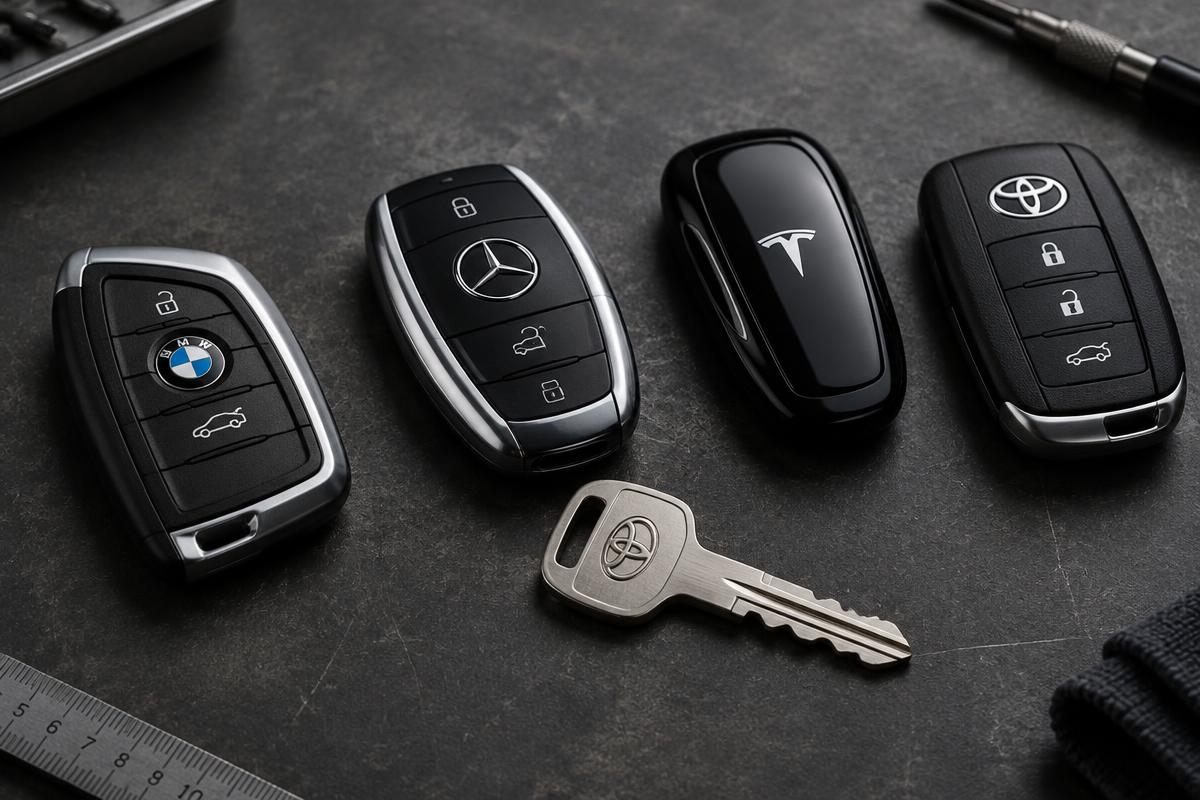 Car key fobs and a cut car key