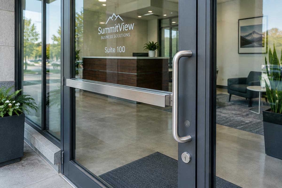 Commercial glass door with push bar hardware