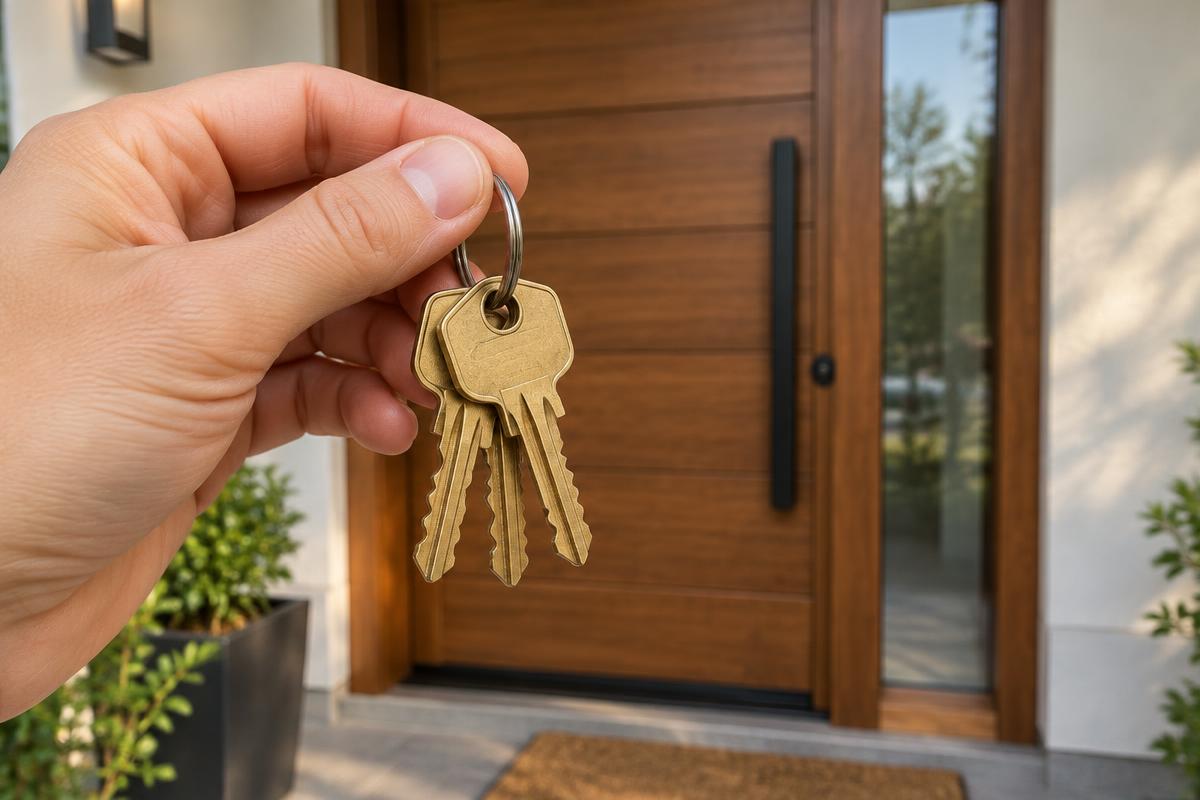 New house keys held in front of a front door
