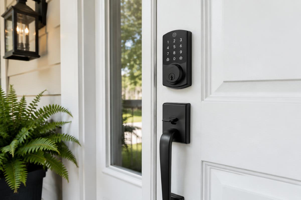 Smart keypad deadbolt on a home front door